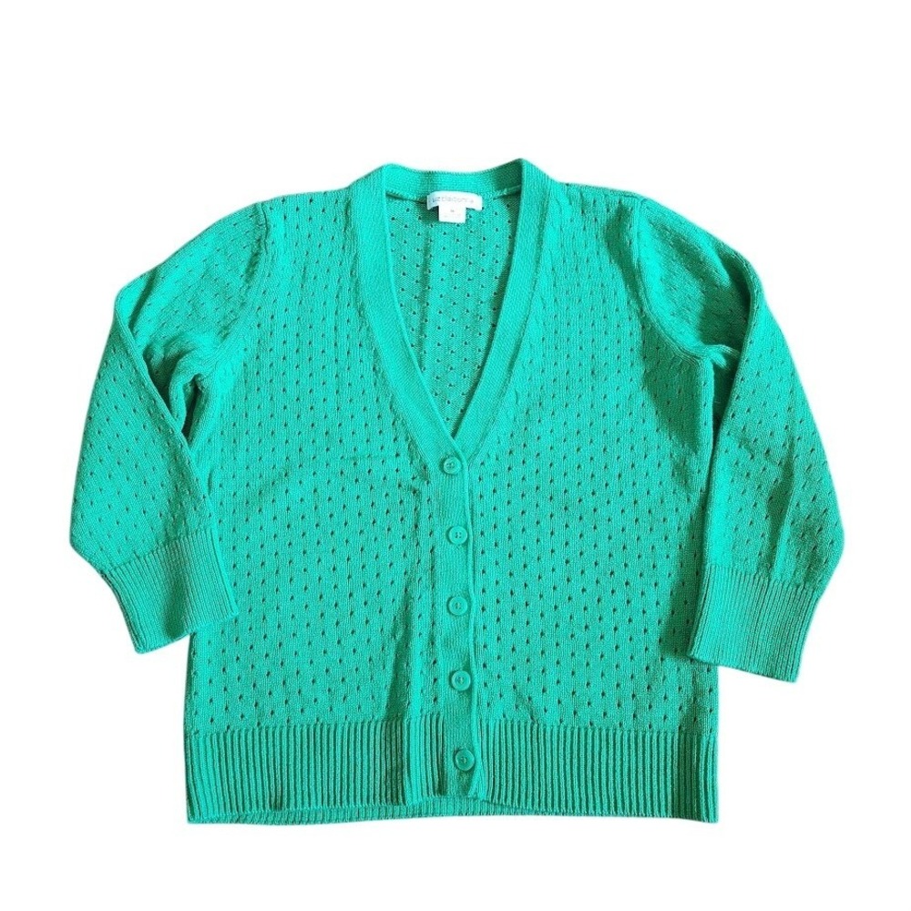 Liz Claiborne Green Pointelle Knit Cotton Cardigan Sweater V-Neck Womens Med 308